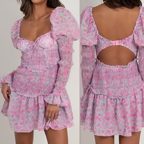 For Love & Lemons Oakley Sweetheart Neck Open Back Floral Mini Dress Pink Size M - Picture 1 of 7